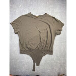 Nuuds Women XL Short Sleeve Bodysuit Taupe Brown Cotton Crew Neck Snap Closure